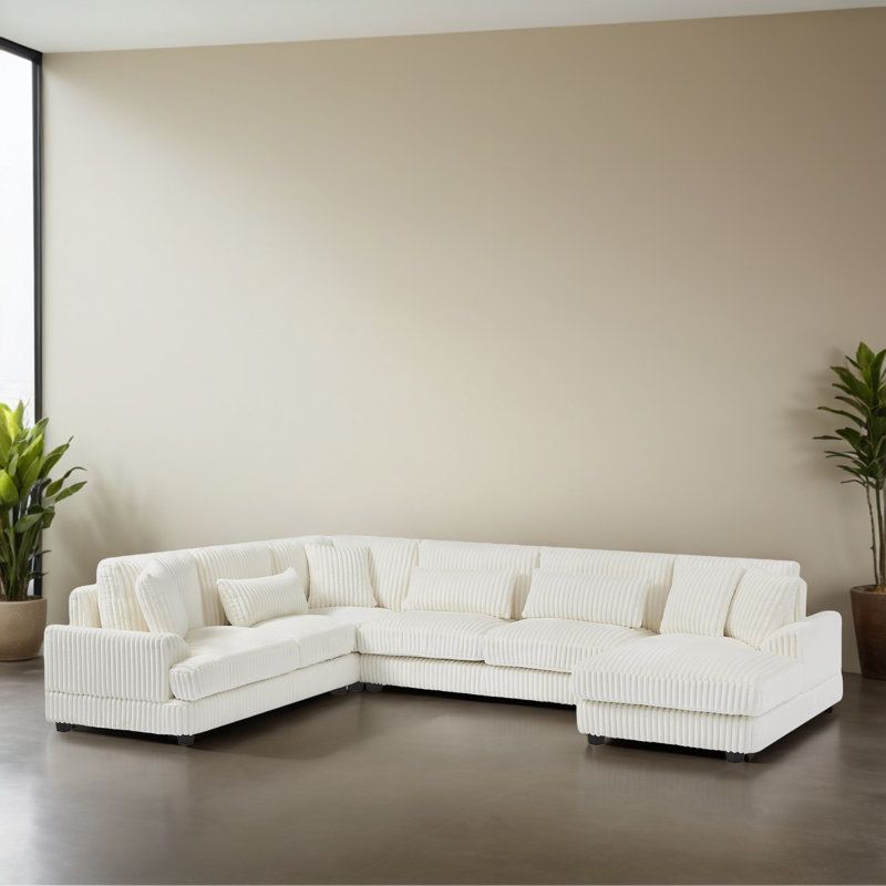 Canapé modulaire rembourré en forme de U 129,02 "avec méridienne pour le salon, Velours côtelé beige