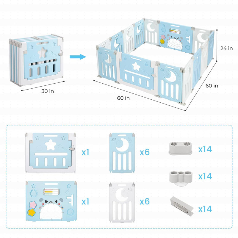 Safe Foldable No - Gaps Baby Playpen for Exploration, 24" H x 60" W x 60" D, Blue/White