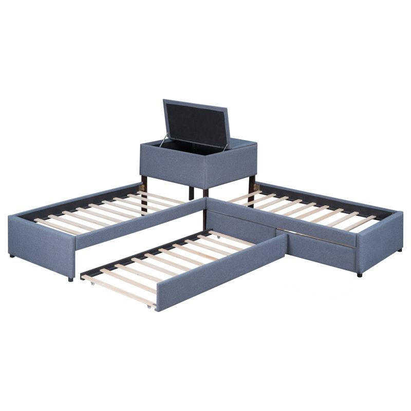 L-Shaped Upholsted Platm Bed With Trundle And Two Drawers Linked With Built-In Desk,,