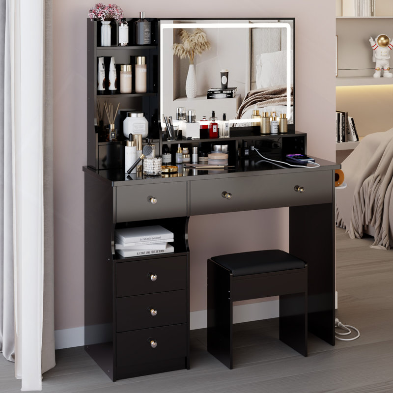 41" Left Drawer Desktop Vanity Table With Cushioned Stool Dresser Set, 2 AC With 2 USB Power Station, Hair Dryer Stand, Touch Control LED Mirror, 3-Color Switch, EPA, GCC, UL Certificate