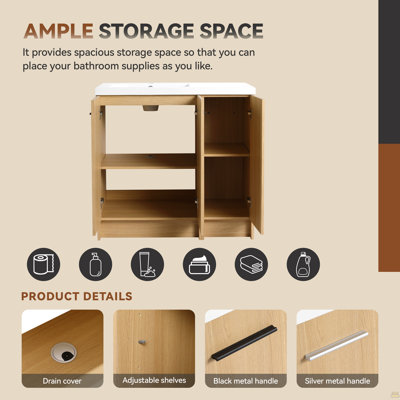 Meuble-lavabo autoportant modulaire de 36 po avec plateau de lavabo en résine 36 po, chêne clair, 2 pièces (24 po 2 portes + 12 po 1 porte), armoire KD, avec poignées en aluminium noir et brossé