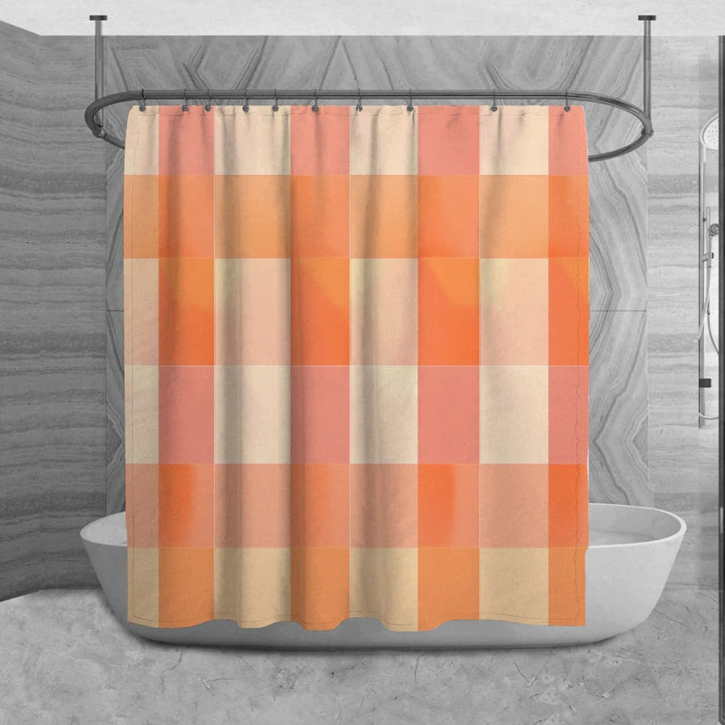Checkered Shower Curtain Pattern Bath Mat Orange Bathroom Decor, H 73 po x l 70 po