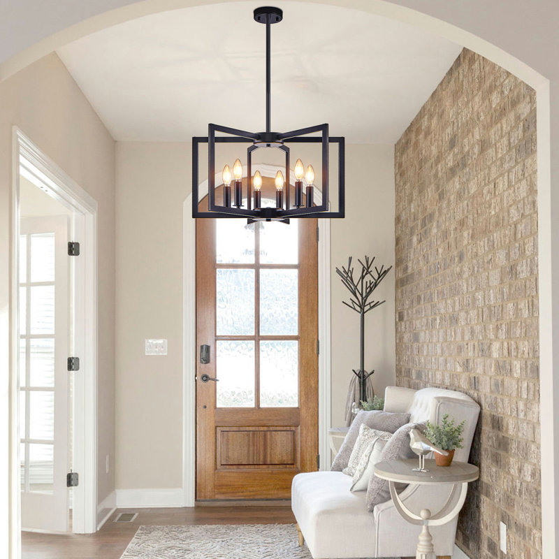  6-Light 21.7'' Square / Rectangle Candle-Style Geometric Chandelier Black for Dining Room, Kitchen or Hallway, Matte Black
