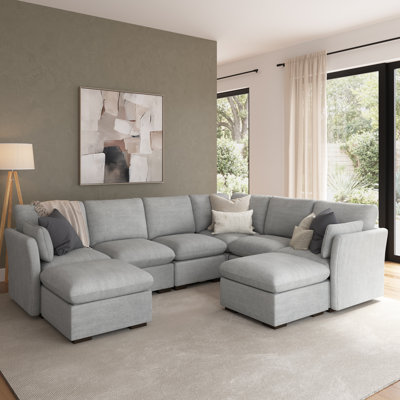 Canapé modulaire à 5 places avec ensemble de 2 repose-pieds de rangement Stedman, meubles de salon