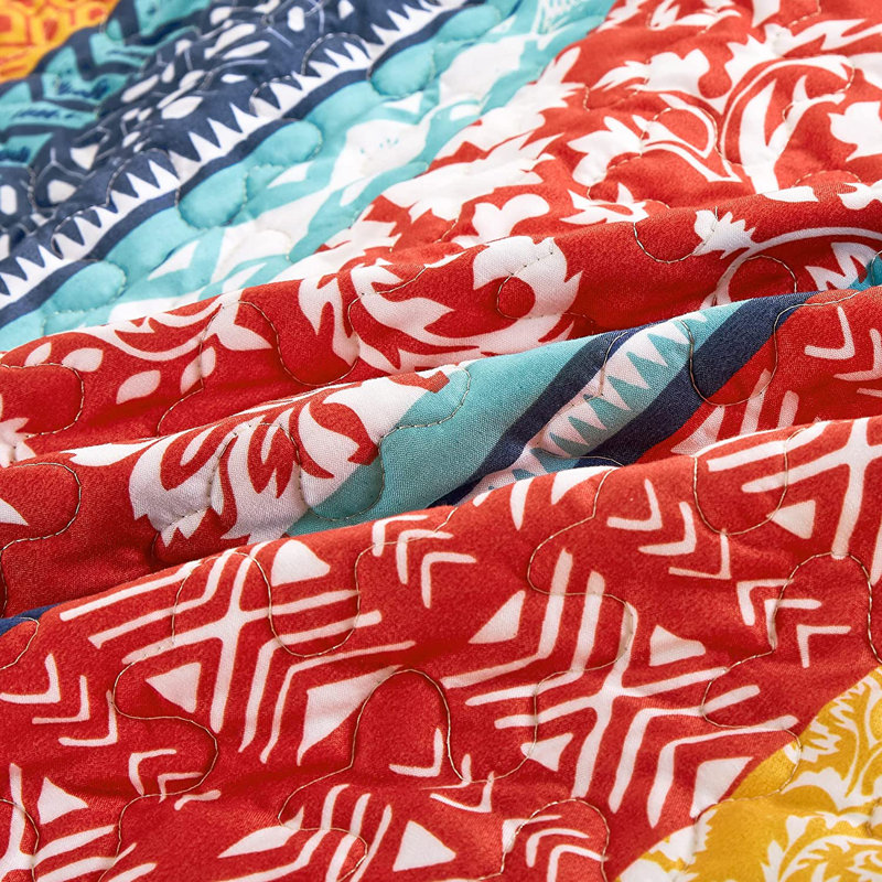 Queen Multicolor Microfiber Bohemian Floral Stripe Quilt Set