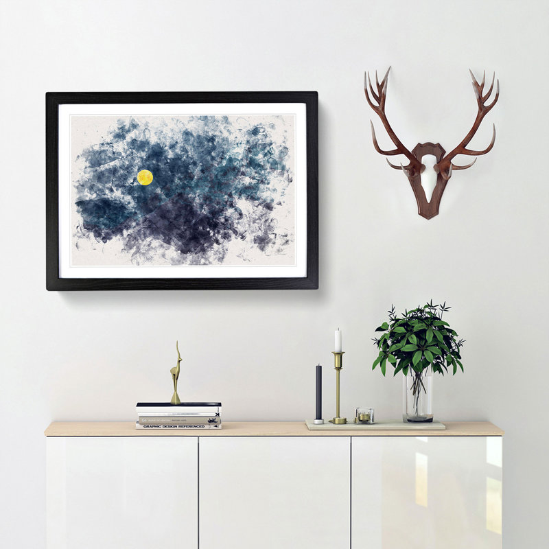 Yellow Moonthe Mountain - Framed Print, 24cm H x 33cm W x 2cm D, Black Framed