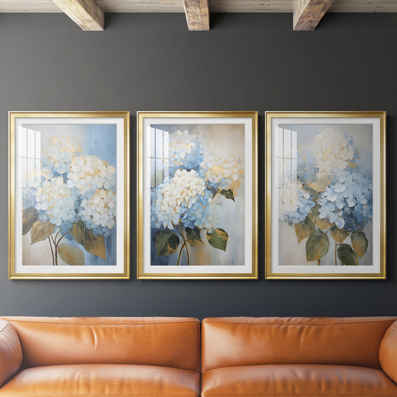 FLORAL Series CXV - reproduction sur mesure encadrée de qualité supérieure - 3 pièces, H 21 po x l 30 po, Doré