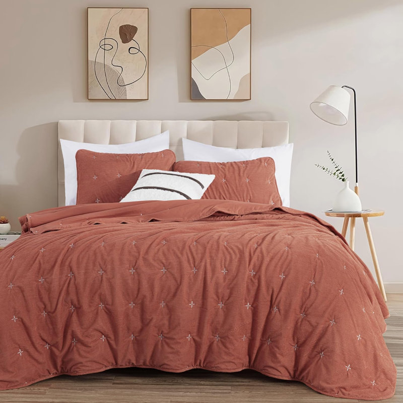  Corduroy Polyester Cross Stitch Quilt Set, Queen Quilt + 2 Standard Shams, Terracotta