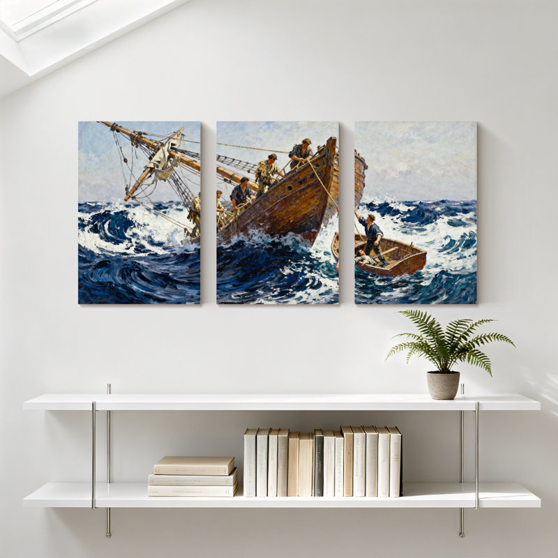 Nautique, voilier, mer agitée, équipage de bateau, vagues, ensemble de 3 peintures sur toile, H 24 po x l 48 po