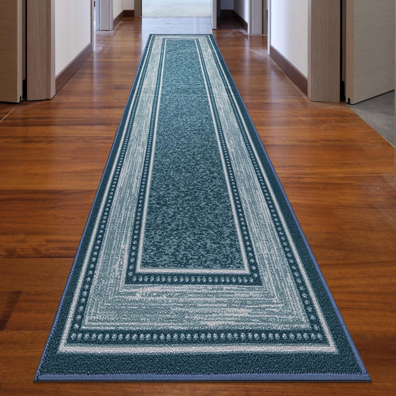 Ottohome Non-Slip Bordered Area Rug For Living Room, Hallway, Entryway Rug, Blue, Runner 2'7" x 9'10"