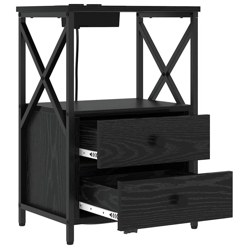 Bedside Cabinet With Charging Station With Drawer, Black Oak