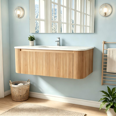 41.3" Wall Mounted Single Bathroom Vanity with Cararra Artificial Marble Countertop and Ceramic Sink, Curved Design with Stripe, Pre-Assembled