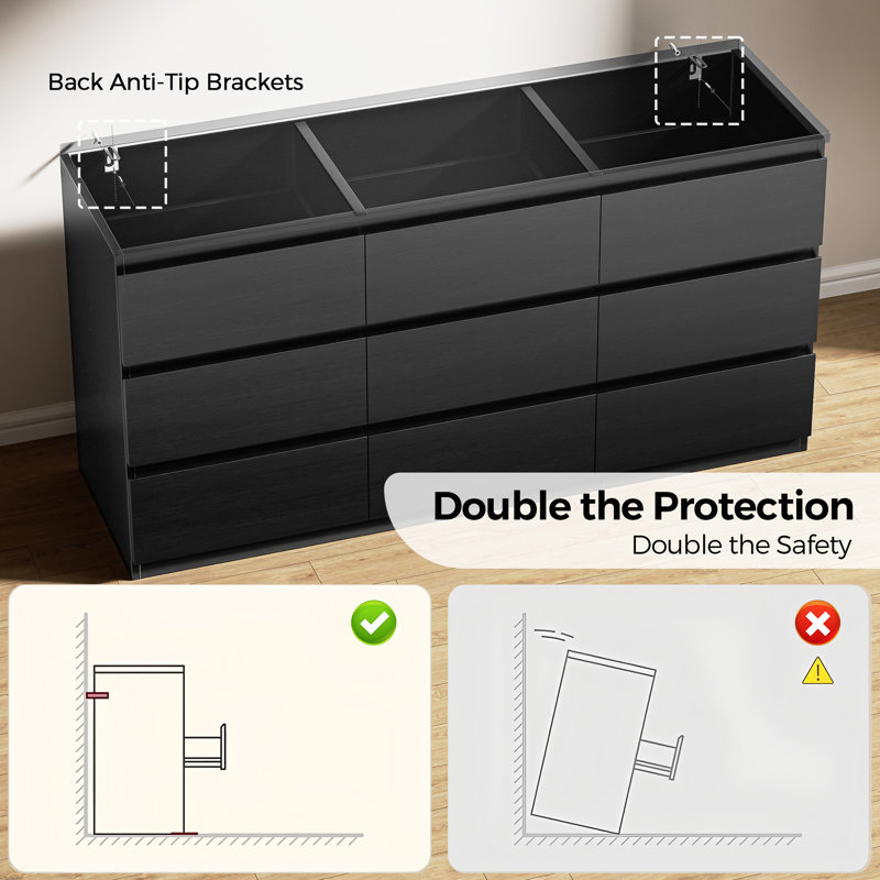 Large Capacity Dresser With 9 Drawers, Anti-Tip Design For Bedroom Storage, Black