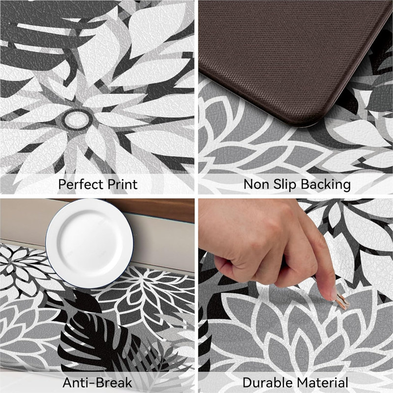 2pcs Cushioned Anti-fatigue Kitchen Mats Set Black White/ 17.3"x30"+17.3"x47"-0.4 Inch