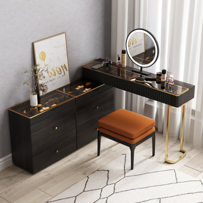 Ensemble de meuble-lavabo en verre avec prise intégrée, tabouret inclus, espace de rangement supplémentaire, très facile à assembler
