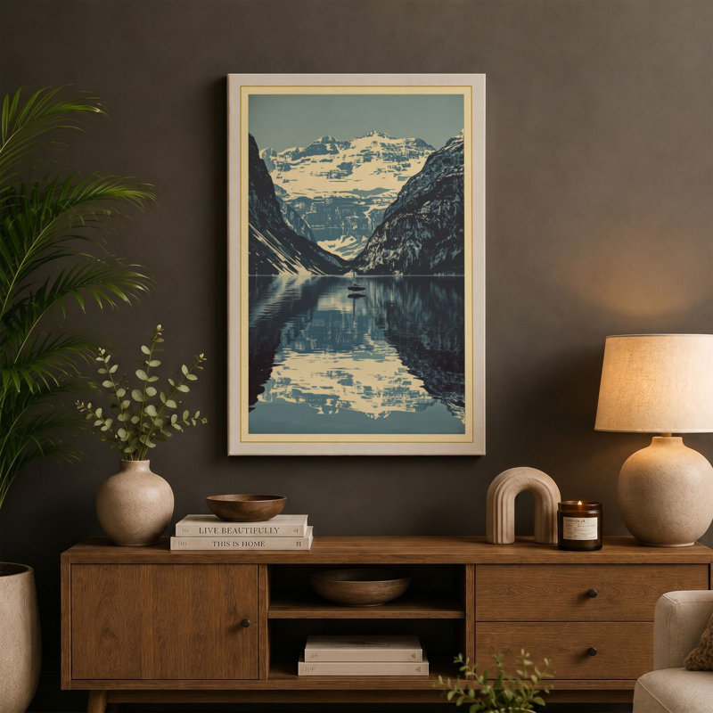 Mountain Lake Reflection Scandinavian - Wrapped Canvas, Sage Border, 30x20 - 76.2 x 50.8 cm
