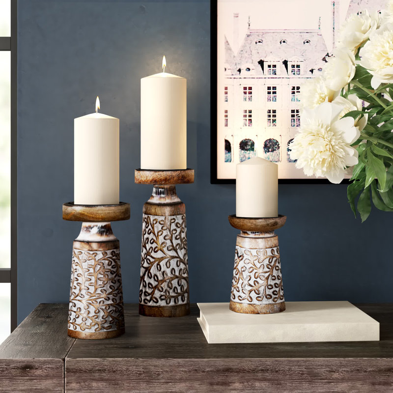 Mango Wood Handmade Minimalistic Bell Shaped Pillar Decorative  Candle Holder Set, Brown/White