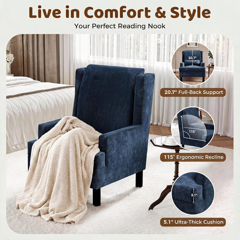 Fauteuil à oreilles avec pieds robustes en bois, Blue Chenille