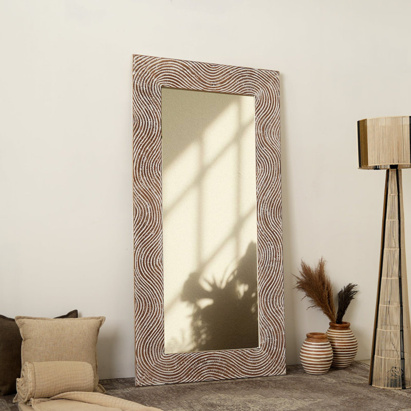 Full Length Mirror | Decorative Framed Mirror | Rustic White Wood Hand carved Rectangle Mirror Accent, 36 x 72" | Floor Mirror