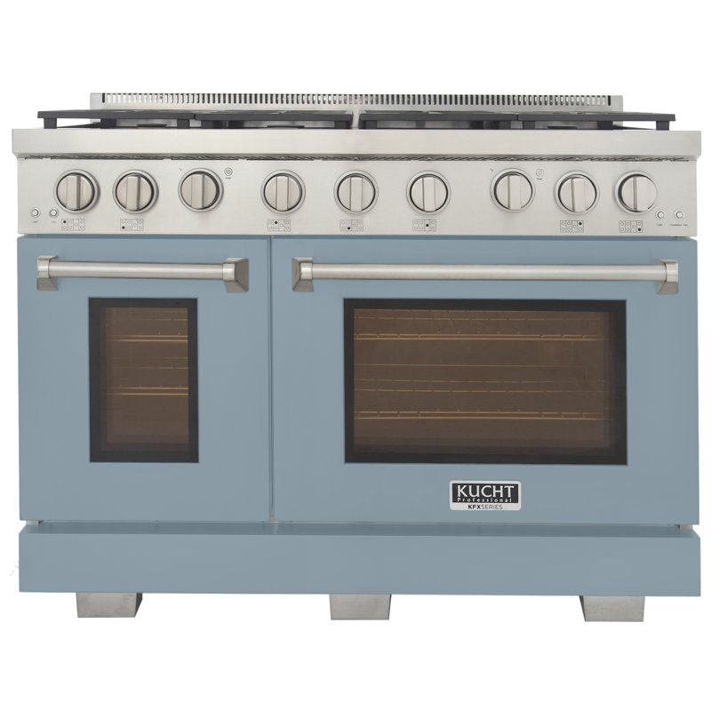 48 in. 6.7 cu. ft. Natural Gas Range Two Ovens in Olive Green with True Simmer Burners, Light Blue, Liquid Propane