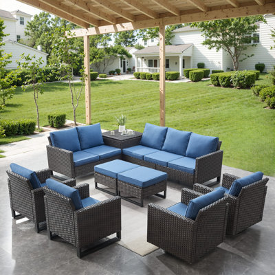 Ensemble de conversation modulaire d'extérieur 9 pièces Ingvald avec osier résistant à l'eau, coffre de rangement et coussins