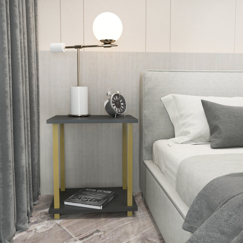 Calvester Nightstand - Modern Square End Table with Lower Shelf, Gold/Anthracite