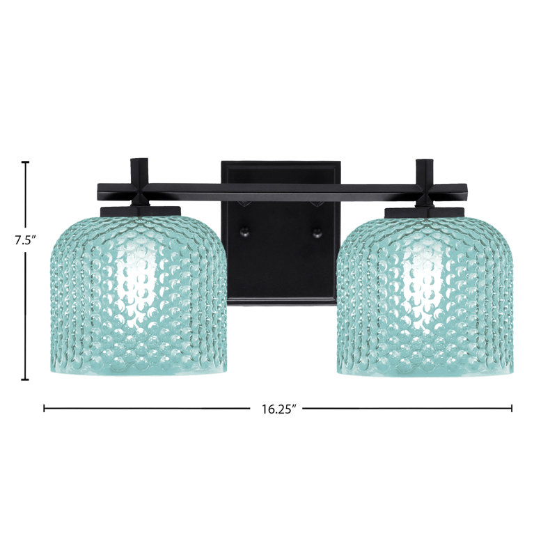 Barre d'éclairage de salle de bain 2 lumières Finola avec verre texturé fumé 6 po, Noir mat, Bleu sarcelle