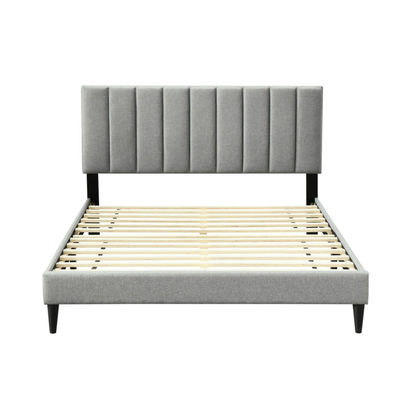 Grand lit encastré dans une boîte, tête de lit en tissu gris, P 86,02 po x l 64 po H 42,5 po, boîte d'exposition 72 lb avec circulation, 63,23 po