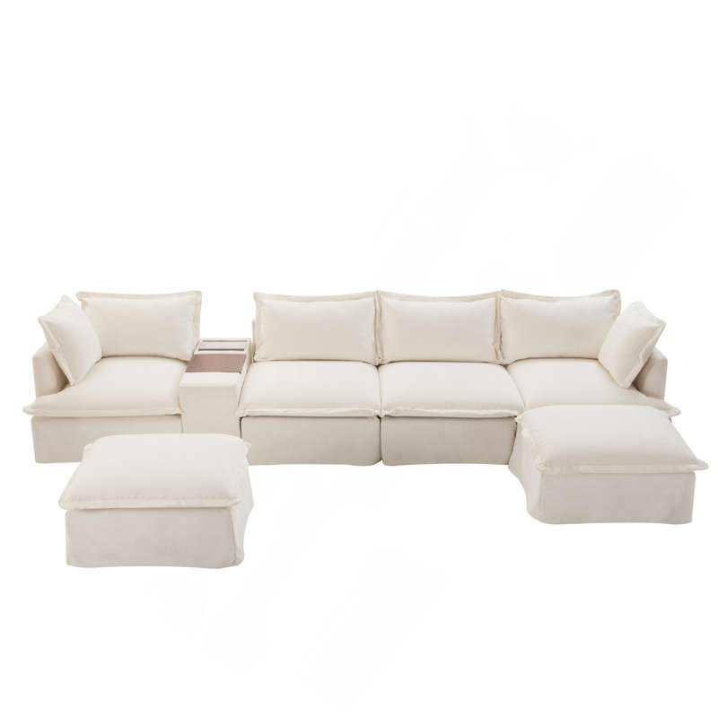 Canapé modulaire de 131 po avec repose-pieds mobile et console, porte-gobelet, siège large, canapé en U de 6 places, canapé en chenille surdimensionné avec chargeur USB pour le salon, appartement, 2 couleurs