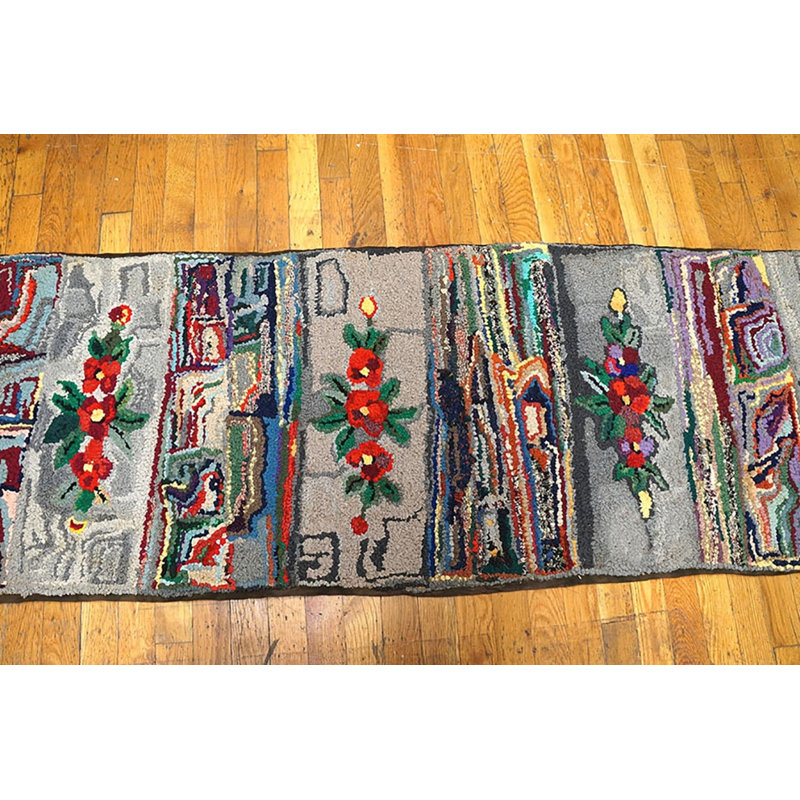 Gray Antique American Floral Folk Art Design Hooked Long Hallway Runner Rug