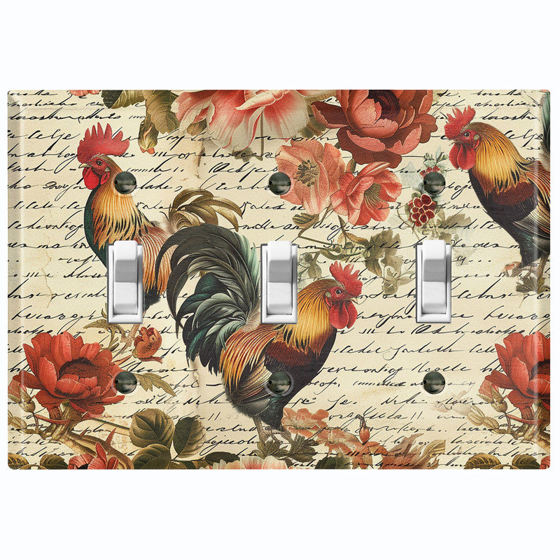 Couvercle de plaque d'interrupteur en métal; Bascule florale de taille standard US 3 - coq floral, Triple # 3