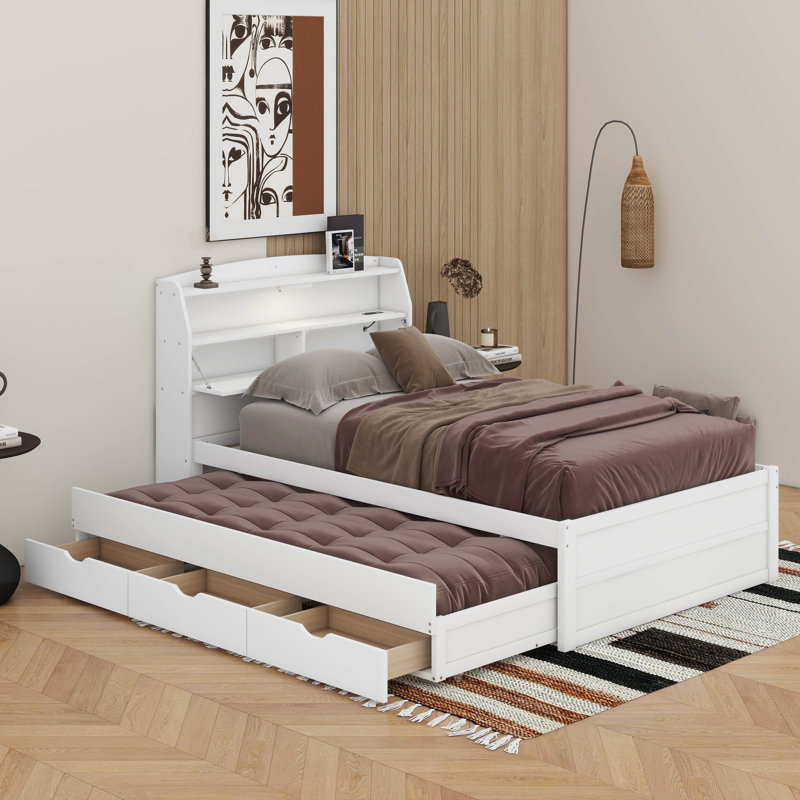 Lit plateforme en bois avec lit gigogne, tête de lit et tiroirs à DEL, Lit double, Blanc