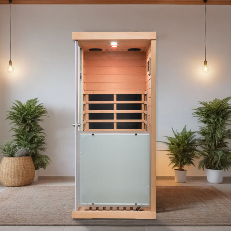 Grand petit sauna en pruche en verre avec ouverture à droite