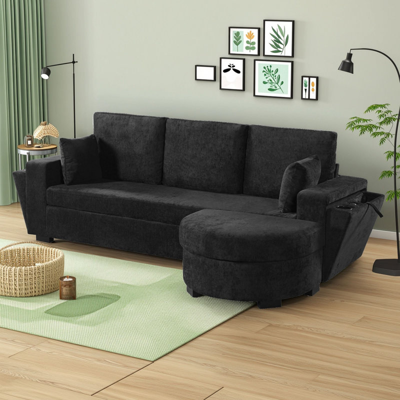 Canapé d'angle trois places en chenille avec pouf de rangement, port de chargement USB et porte-gobelets, Noir