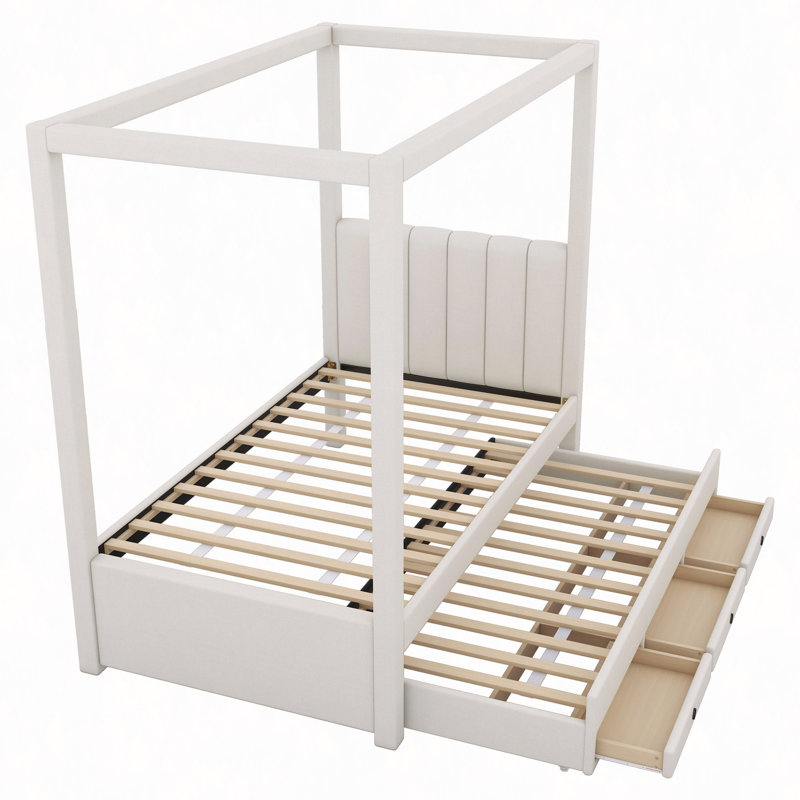 Upholstery Canopy Platform Bed With Trundle And Three Storage Drawers, Twin