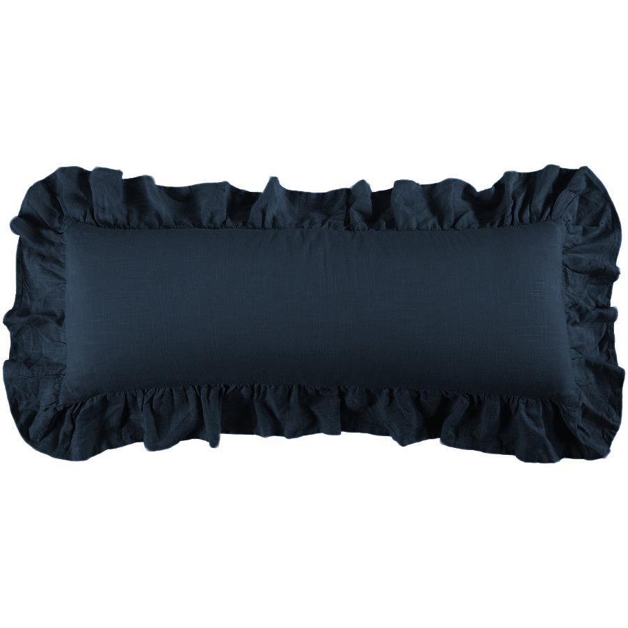 Luna Washed Linen Romantic Shabby Elegance Farmhouse 14x36 inch Ruffled Lumbar Pillow, Navy