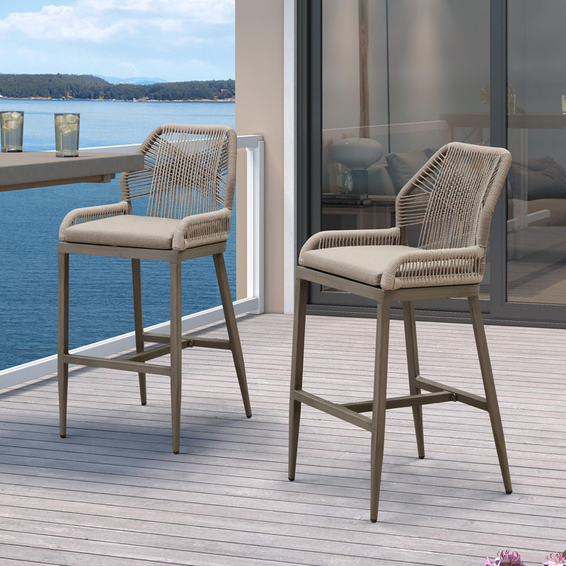 Purple Leaf Patio Upcycled Fabric Bar Stools 28" H Set Of 2 Handwoven Wicker Bar Height Stool Modern Aluminum High Bar Chairs Outdoor Wicker Barstools With Back And Cushion For Kitchen Pool Island