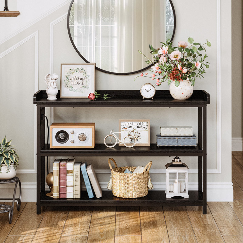 Console Table with Power Outlets, 33" H x 55" W x 13.8" D, Vintage Black