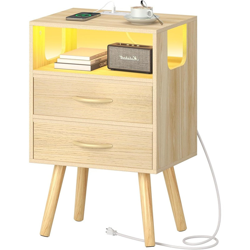 Led Night Stand With Charger Station, Mid Century Modern Nightstand With Fabric Drawers, Bedside Table Nightstands With Storage Shelf, Bed Side Table Small Night Stands For Bedroom Living Room