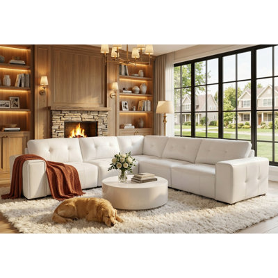 Contemporary White & Khaki Leather L-Shaped Sectional Sofa