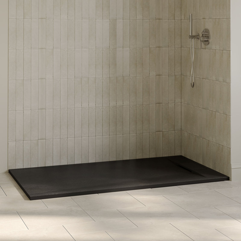 Receveur de douche rectangulaire extra-plat OVE Lenora 152,4 cm x 91,4 cm avec bonde latérale dissimulé, noir uni, Noir uni