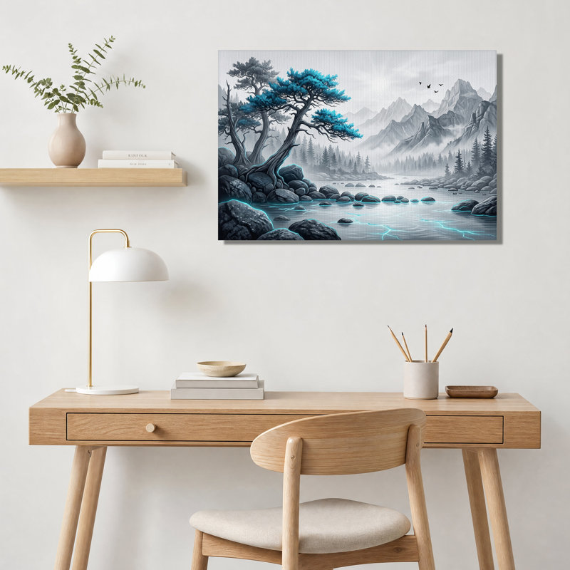 Tableau sur toile représentant un paysage de montagne brumeux avec un pin bleu, 24"H x 36"W