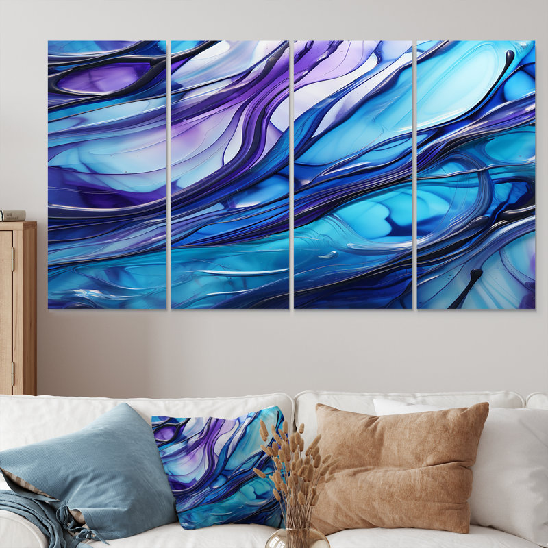 «Inner Nebula Deep Blue - Waves», art mural sur toile, 4 pièces, H 32 po x l 64 po