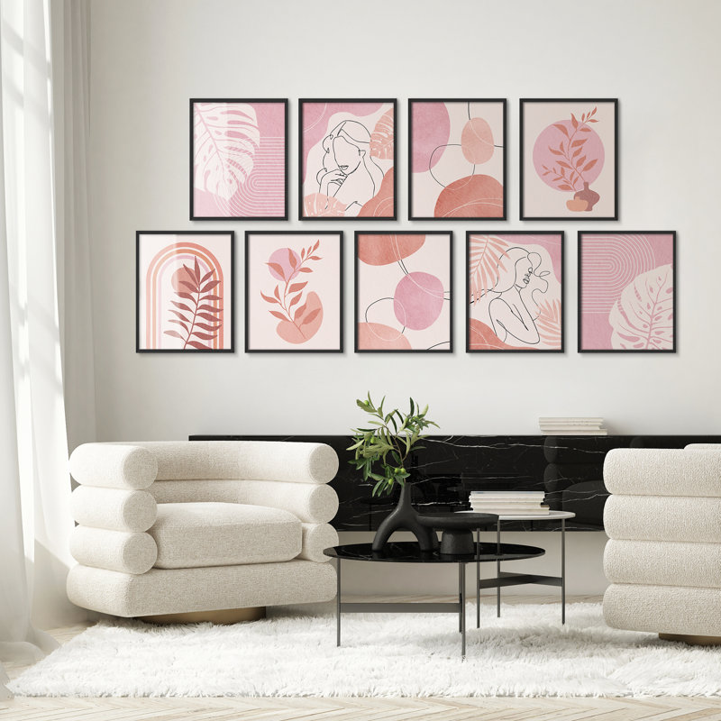 "Art moderne bohème rose Mid Century, Noir, H 14 po x l 11 po