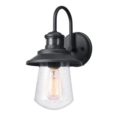 1-Light Matte Black Motion Activated Outdoor Wall Sconce With Seeded Glass Shade
