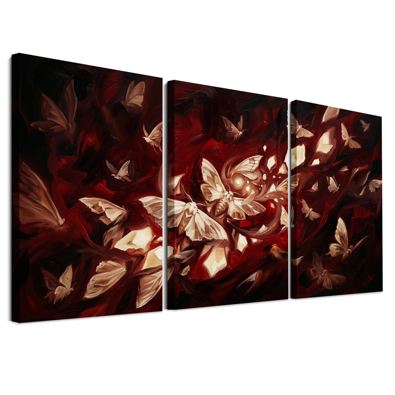 Ensemble de 3 toiles abstraites représentant des papillons de nuit blancs tourbillonnants sur fond rouge foncé