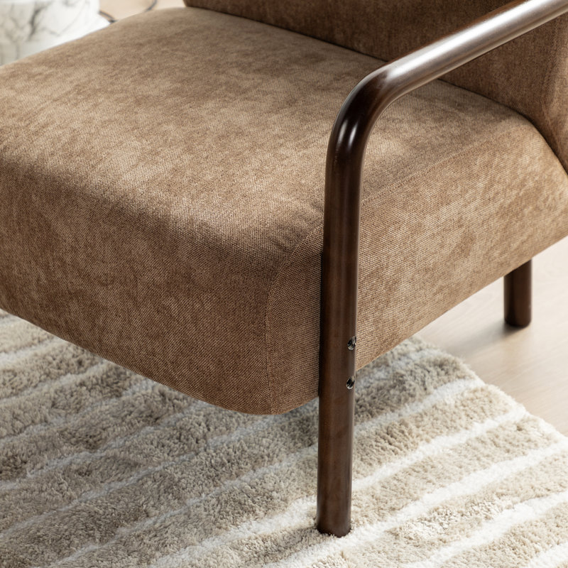 Mid-century Modern Brown Fabric Armchair With Walnut Rubberwood Frame