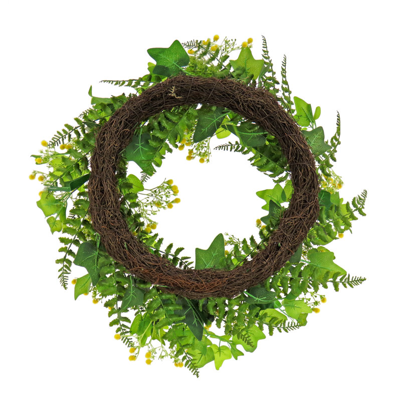 24 inch Artificial Spring Wreath with Ivy, Fern Leaves, Seed Pods, and Flowing Green Stems   