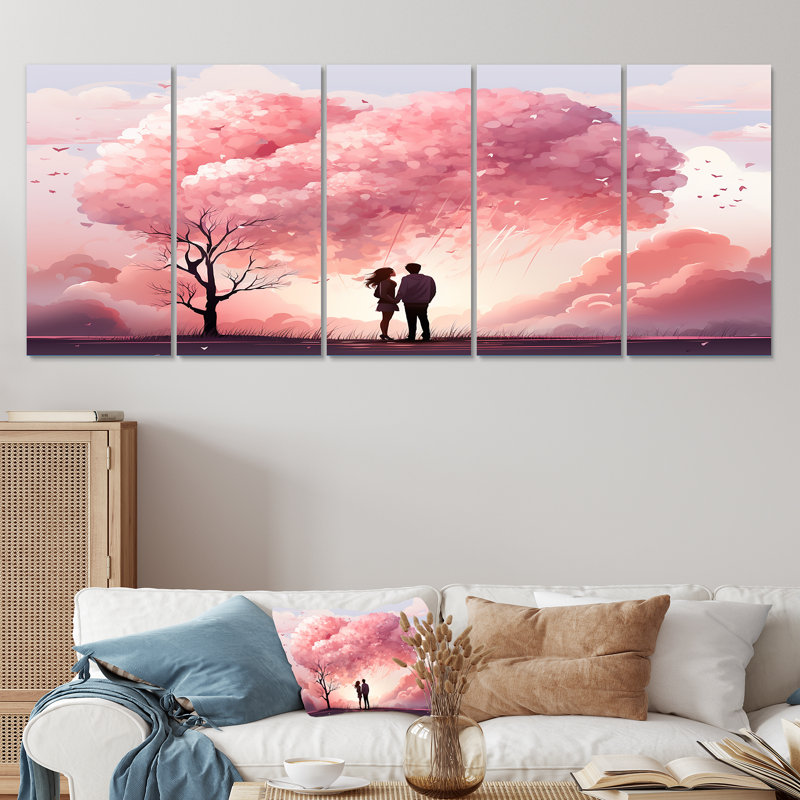 «Pink Romantic Couple Love Dream» - Paysage romantique, ensemble de 5 toiles d'art mural, H 32 po x l 80 po