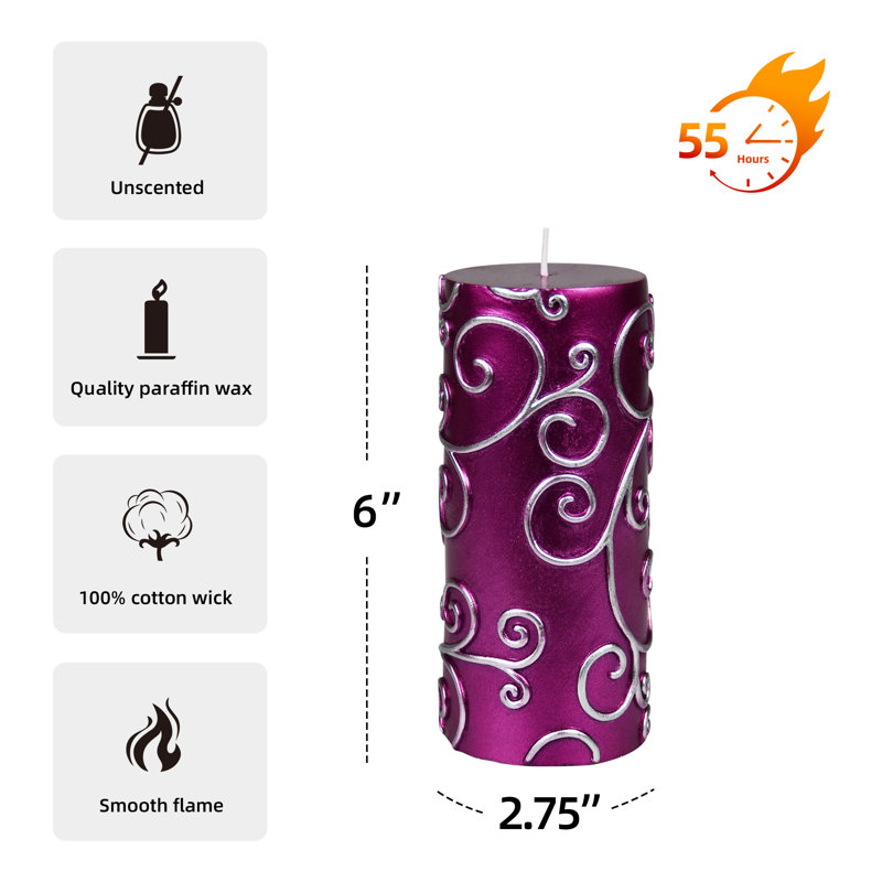 Bougie cylindrique sans parfum à volute, H 6 po x D 3 po, Mauve, Ensemble de 12